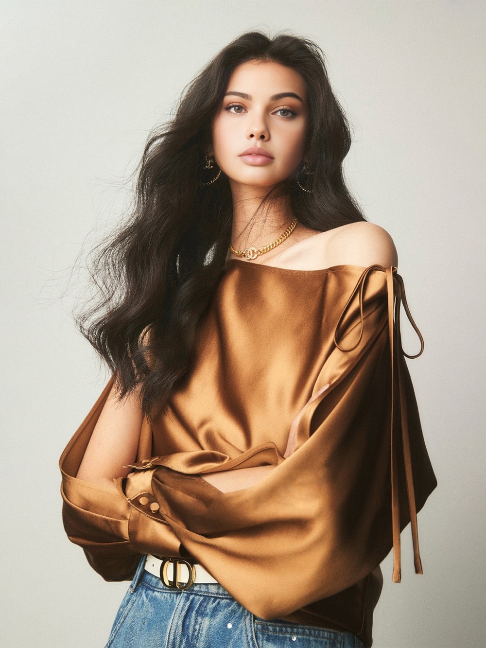 Satin Asymmetrical Cold Shoulder Tied Blouse - Commense - Picture 2 of 5